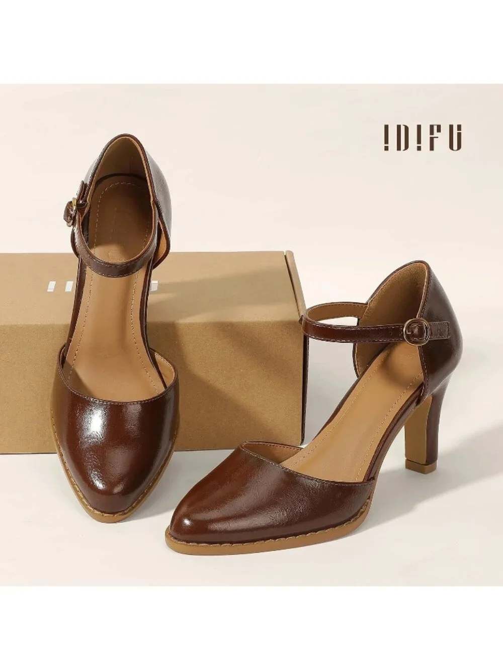 Women's Dark Brown Pu Closed Toe Chunky High Heels Comfortable Dress Pumps Shoes